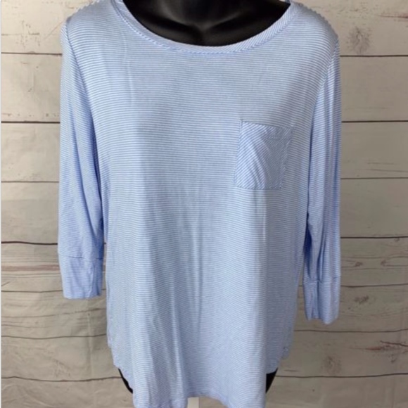 Chico's Striped Pocket Tee Sz M 1 Blue Super Soft - Picture 1 of 8